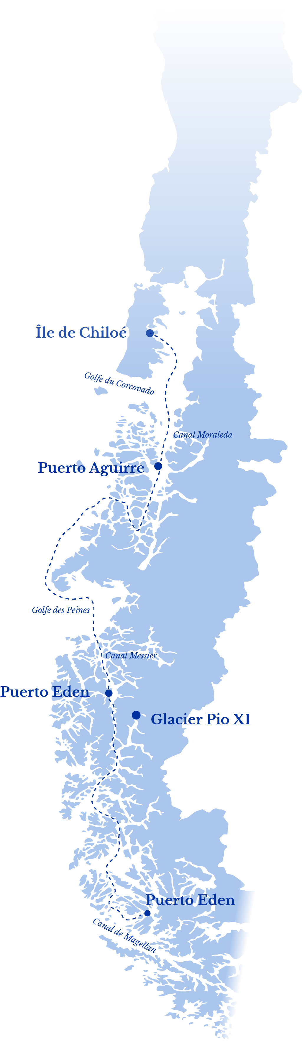 Carte de l'itinéraire du JPK 45 FC Belharra dans les canaux de Patagonie, au Chili