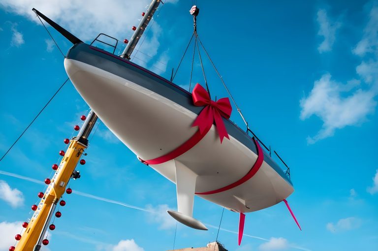 Un JPK 1050 est soulevé par une grue et emballé comme un cadeau de Noël avec de gros rubans rouges